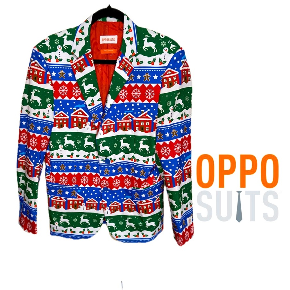 OPPOSUITS Christmas Blazer Gingerbread Men, Reindeer, & Holly Men’s Sz M US38-40